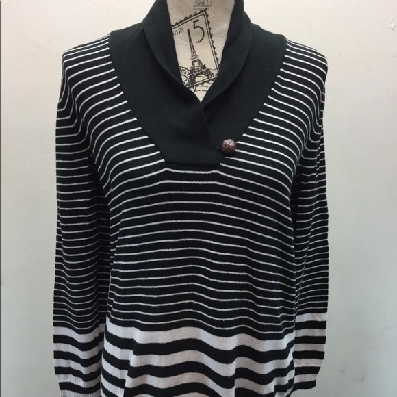 Liz Claiborne Women Black White Sweater Cowl Leather Button L/S Petite M Cotton - Picture 1 of 12